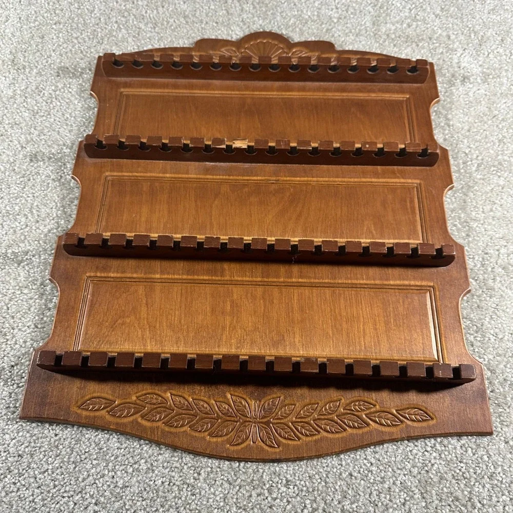 Vintage Wooden Souvenir Spoon Display Rack Wall Hanging 64 Slot Carved Floral